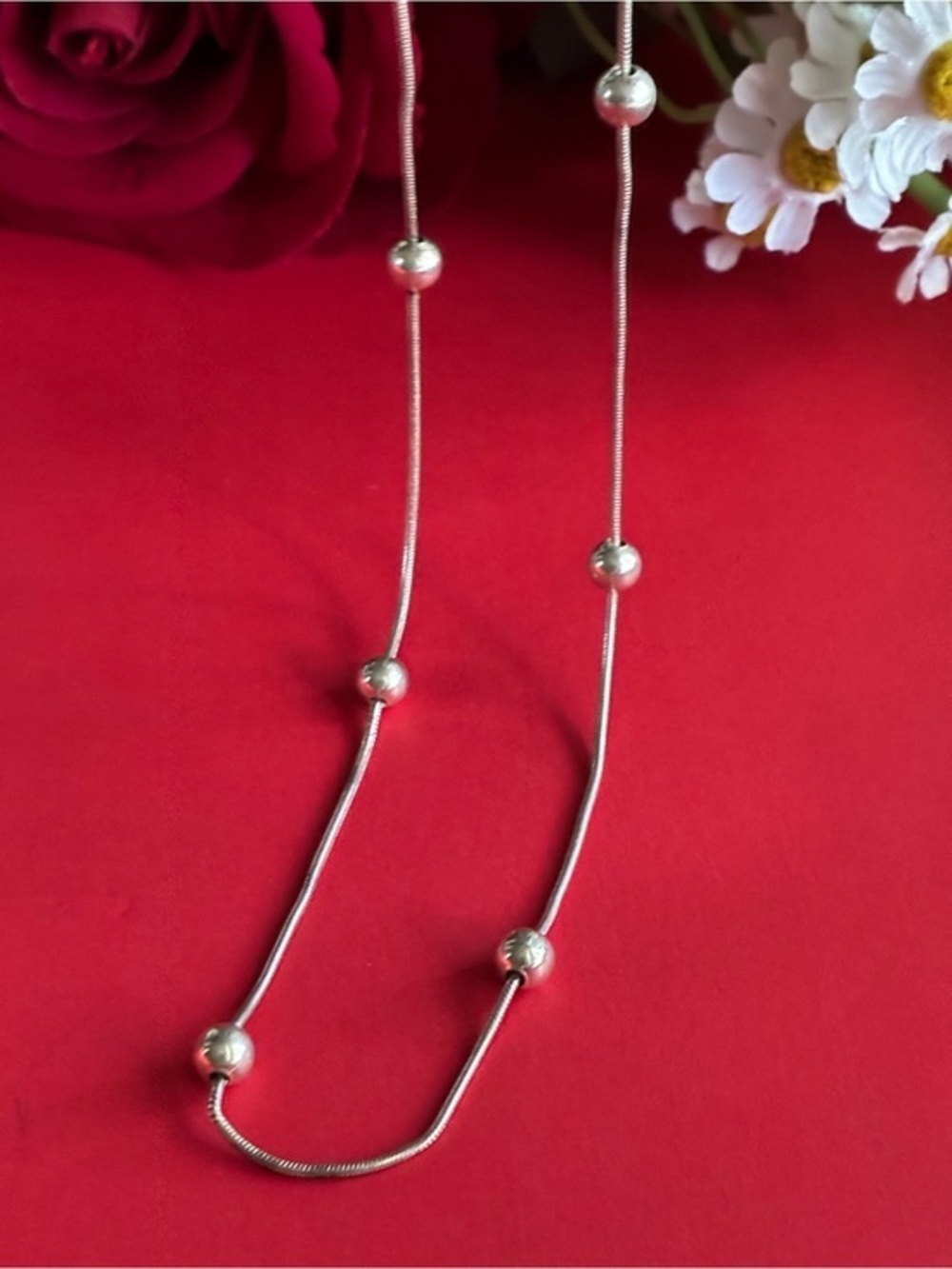 925 Silver Bead Station Necklace - Women’s Silver Necklace 18” adjustable